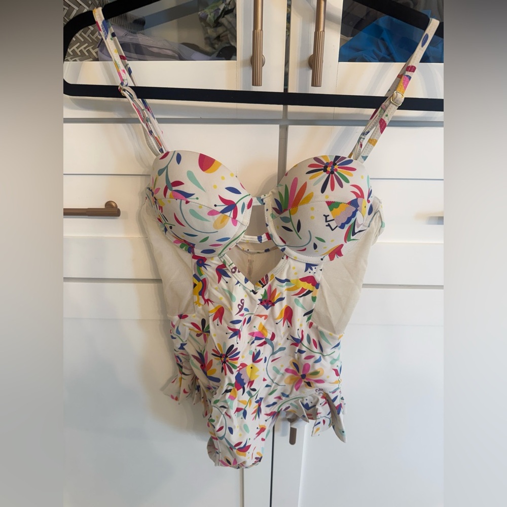 Cutest bathing suit ever. Doesn’t fit anymore. Fits more like an XS.